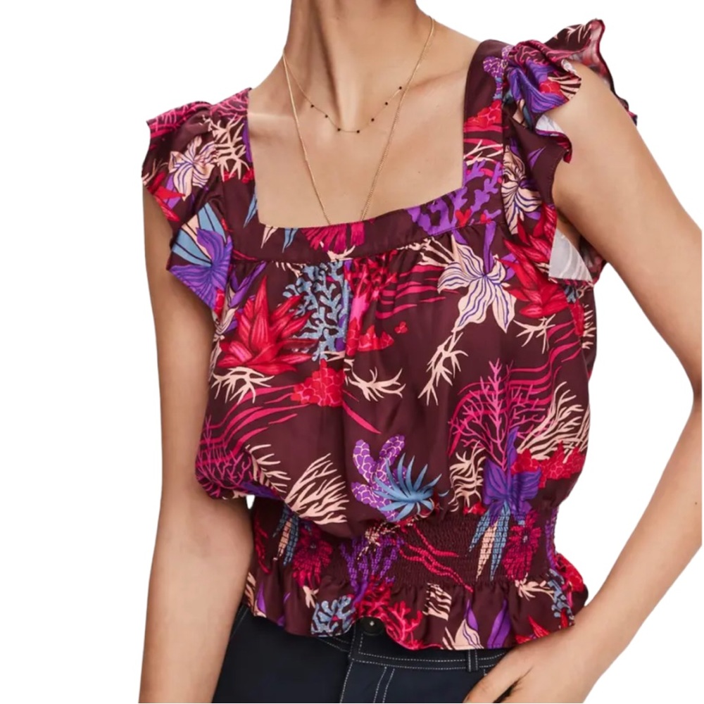 Scotch & Soda Floral Print Ruffle Sleeveless Top Wine Multi Women’s Size Medium